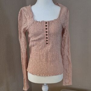 gimmicks by BKE Blush Smocked Lace-Sleeve Long Sleeve Top